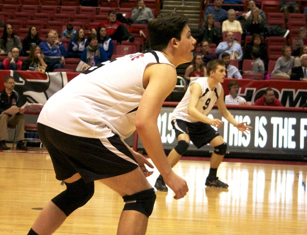 Junior outside attacker Brendan Surane waits for a serve to come over the net at the men's volleyball match against IPFW on Feb. 11 at John E. Worthen Arena. Ball State won 3-0. DN PHOTO KARA BERG