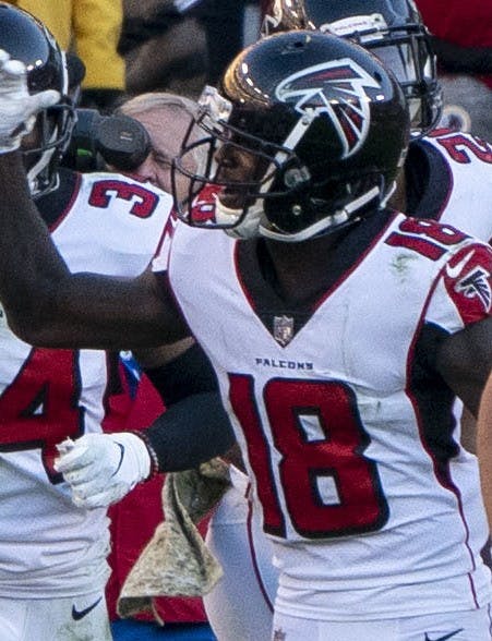 Atlanta Falcons wide reciver Calvin Ridley interacts with his teammtes agaisnt the Wadhgony Football Team Nov. 4, 2018. Ridley announced Oct. 31 he was stepping away from football for mental health reasons. Keith Allison, Keith Allison Photo
