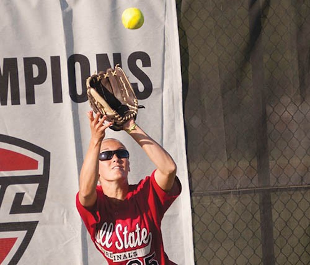 Sophomore Jennifer Gilbert snags a fly ball during the April 12, 2012 double header game against Purdue. Gilbert scored three home runs during the KSU Classic this weekend. DN FILE PHOTO DYLAN BUELL