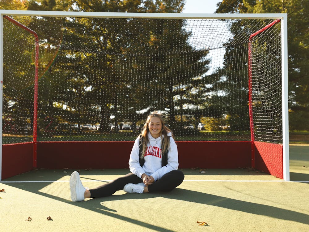 Freshman goalkeeper Ally Butler sits in front of the goal cage Oct. 26 in Briner Sports Complex. Butler transferred from Wake Forest University to Ball State for the fall 2021 semester. Rylan Capper, DN 