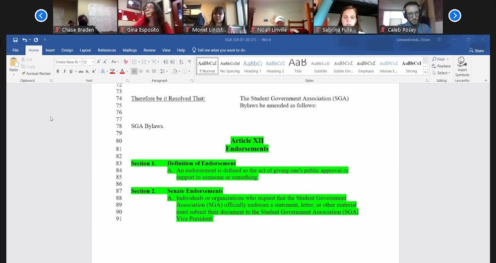 <p>Ball State SGA senators look over the amendment defining the SGA endorsement process at the Nov. 18 Zoom meeting. The amendment will be voted on at a later date. <strong>Maya Wilkins, Screenshot Capture</strong></p>