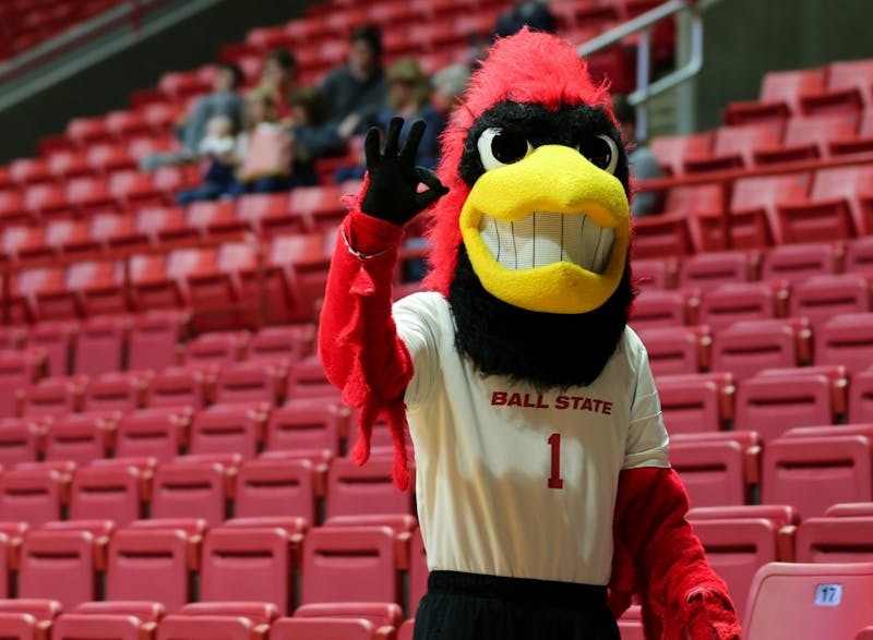 Charlie Cardinal chirps to fans before a Ball State women's volleyball game versus University of Toledo on Nov. 2 at John E. Worthen Arena. The game was the last home game of the season. Elliott DeRose, DN