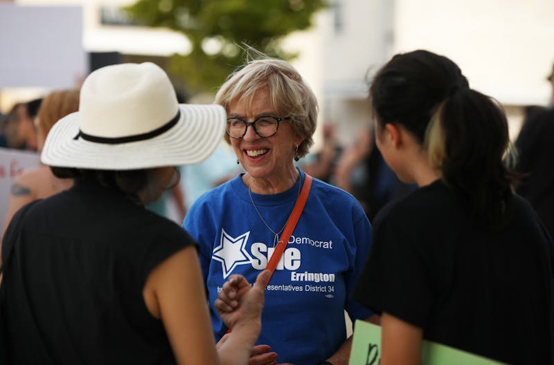 State Rep. Sue Errington speaks with two of her constituents during a pro-choice demonstration July 4 at the Delaware County Building. Rylan Capper, DN 