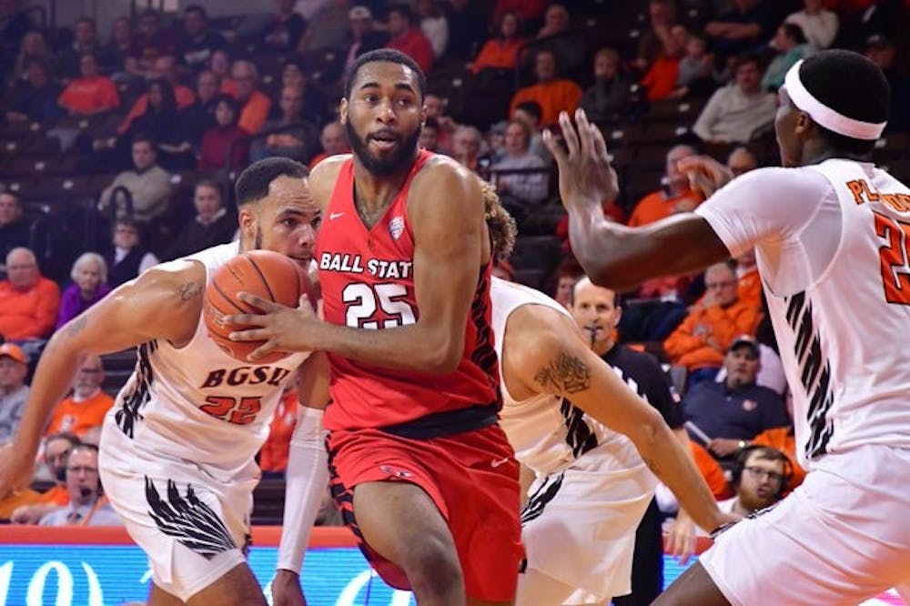 Redshirt senior forward Tahjai Teague attempts to make a basket in a game against Bowling Green on Jan. 28 in Bowling Green, Ohio. Teague had 18 points in the loss. (Ball State Athletics, photo provided) 