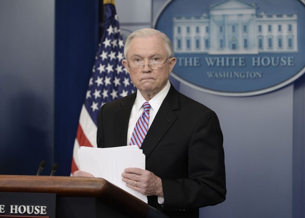 US Attorney General Jeff Sessions speaks during the Daily Briefing at the White House Monday, March 27, 2017 in Washington, D.C. (Olivier Douliery/Abaca Press/TNS) 