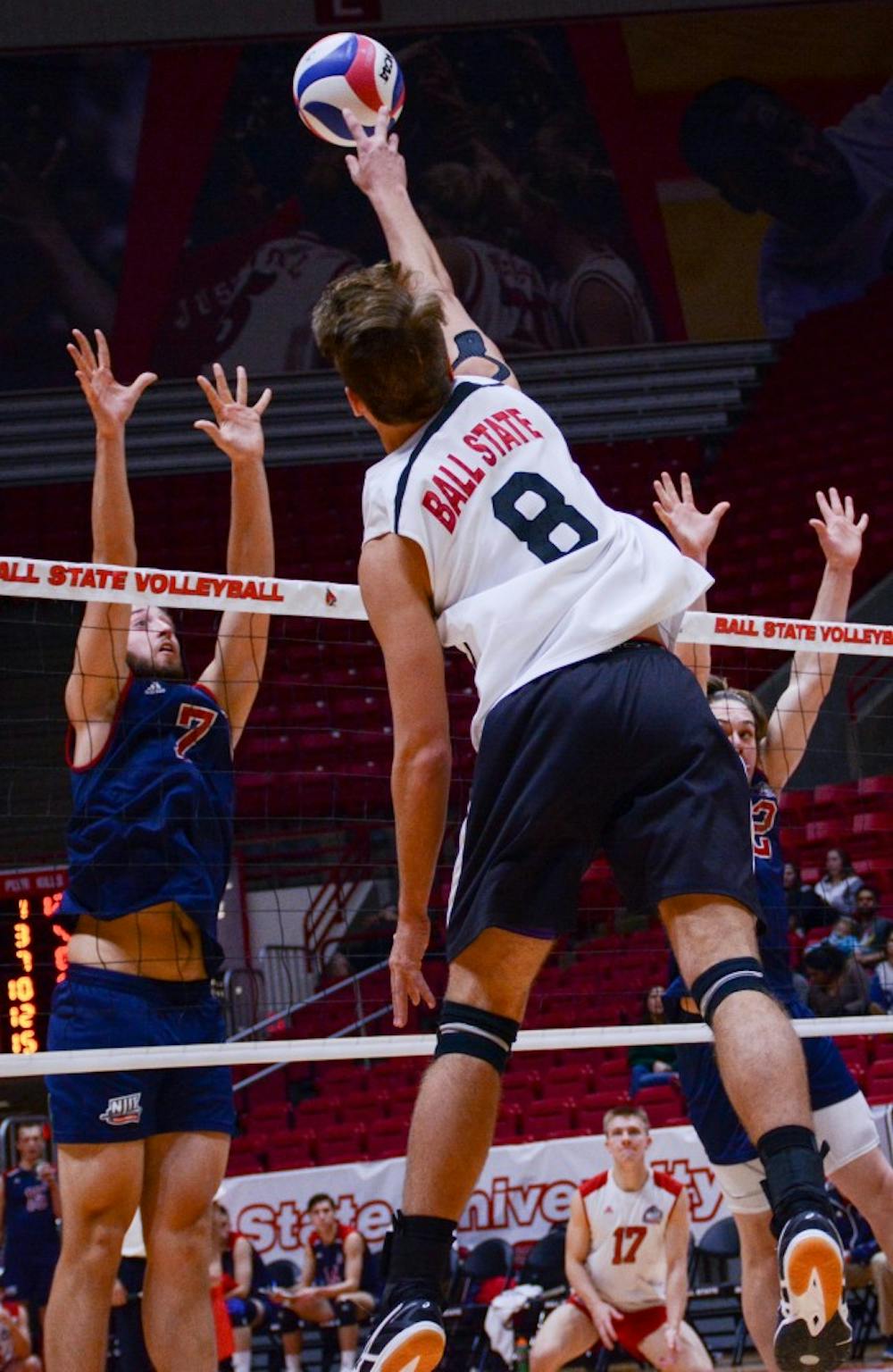 Freshman outside attacker Blake Reardon spikes the ball at the game against New Jersey Institute of Technology on Jan. 27 in John E. Worthen Arena. The Cardinals gained a 3-1 win improving to 8-1 this season. Kaiti Sullivan // DN