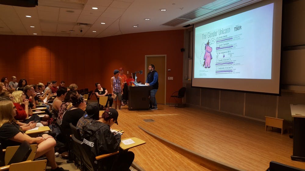 <p>Spectrum, Ball State's organization for the LGBTQ community and supporters, hosted a gathering on Friday in the Teachers College&nbsp;to explain their gender using a cartoon unicorn. Members filled out a diagram to indicate their gender identity, gender expression, sex assigned at birth, sexual attraction and emotional attraction.&nbsp;<em>Sara Barker // DN</em></p>