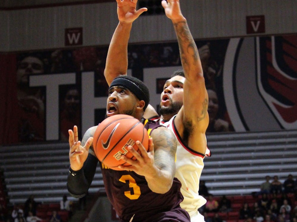 Central Michigan player, Marcus Keene attempts a layup in the game against Central Michigan in Worthen Arena on Jan. 17. Alicia M. Barnachea // DN. 
