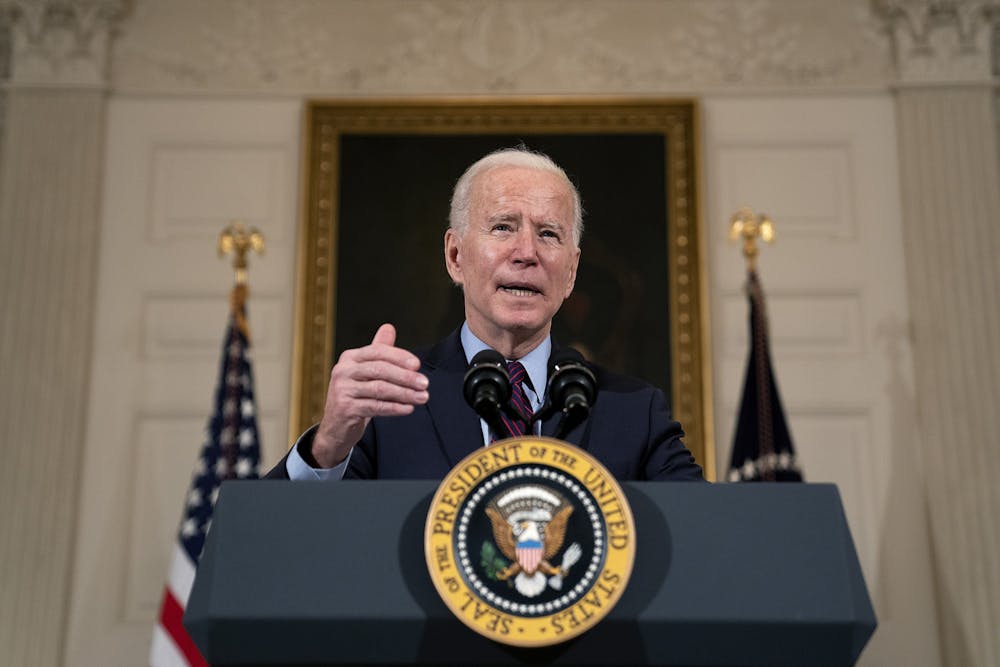 CREDIT: Tribune News Service- President Joe Biden delivers remarks on Feb. 5, 2021. Some in Congress are saying his spending on COVID relief contributed to a sustained pace of high inflation that’s sent Biden’s approval ratings skidding and left key moderate Democrats with limited appetite to embrace his remaining economic agenda. (Stefani Reynolds/Pool/Getty Images/TNS)