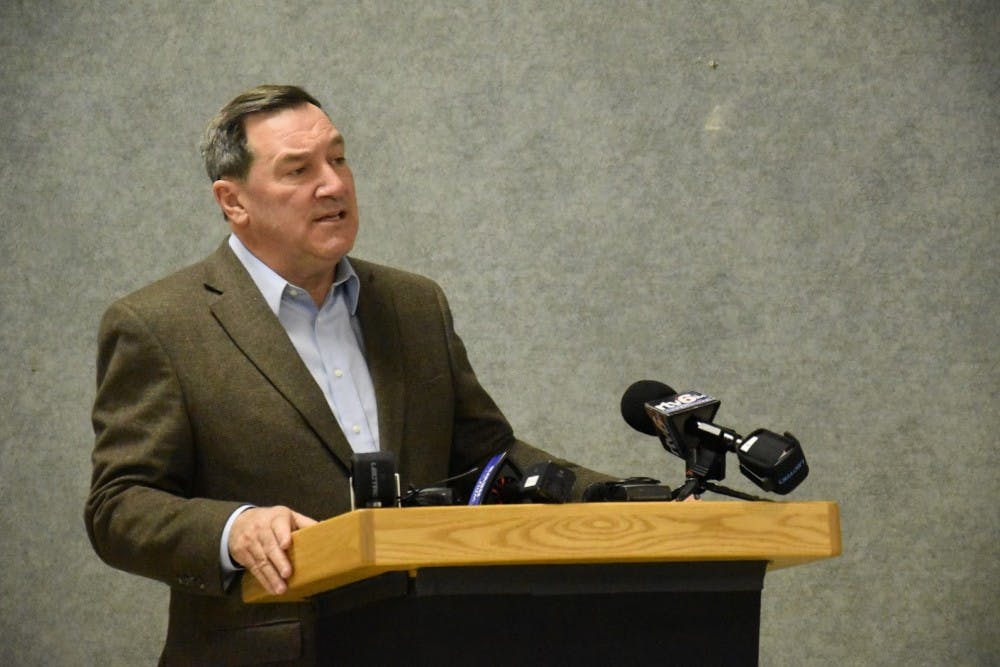 U.S. Sen. Joe Donnelly spoke at a town hall on Sunday in John R. Emens Auditorium.&nbsp;Health care and Supreme Court nominees were two of the many subjects Donnelly was asked about. Patrick Calvert // DN&nbsp;