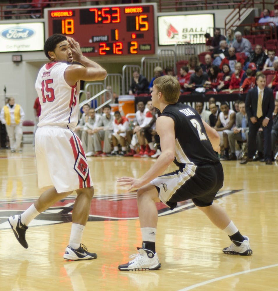 Freshman forward Franko House looks for a teammate to pass the ball to in the first half against Western Michigan on Feb. 26 at Worthen Arena. DN PHOTO AUDREY ADDINGTON 