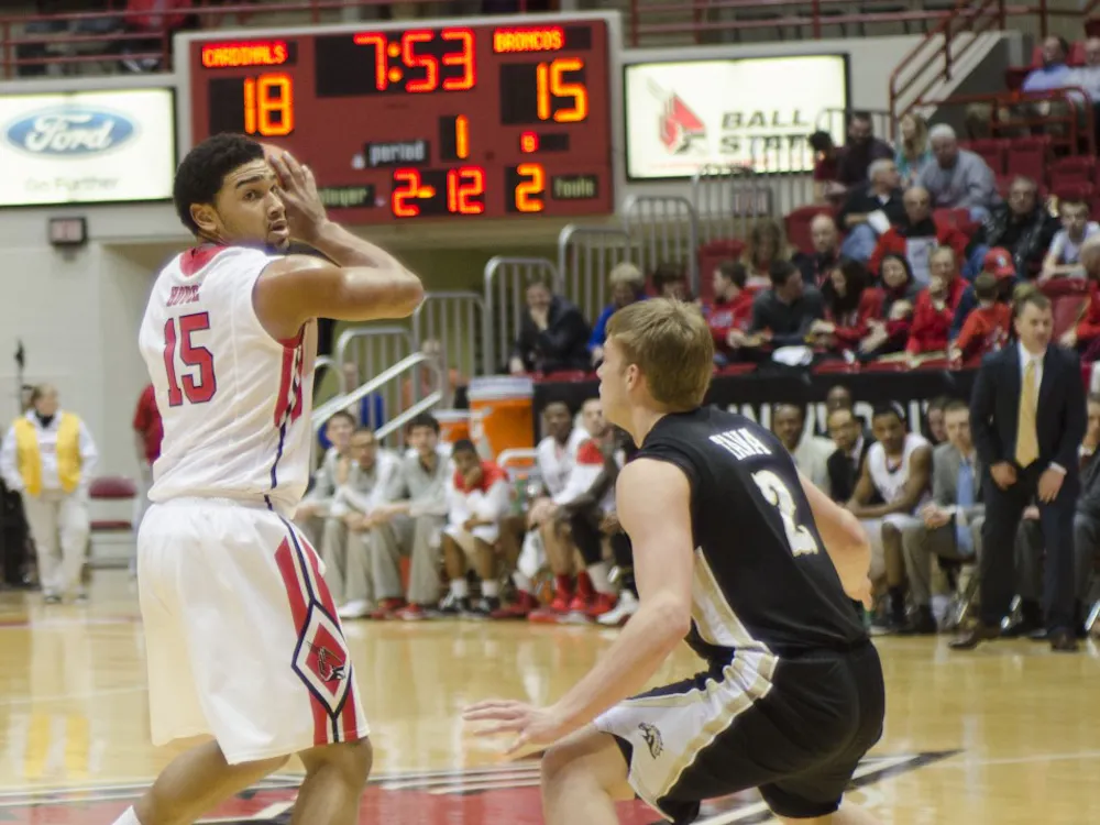 Freshman forward Franko House looks for a teammate to pass the ball to in the first half against Western Michigan on Feb. 26 at Worthen Arena. DN PHOTO AUDREY ADDINGTON