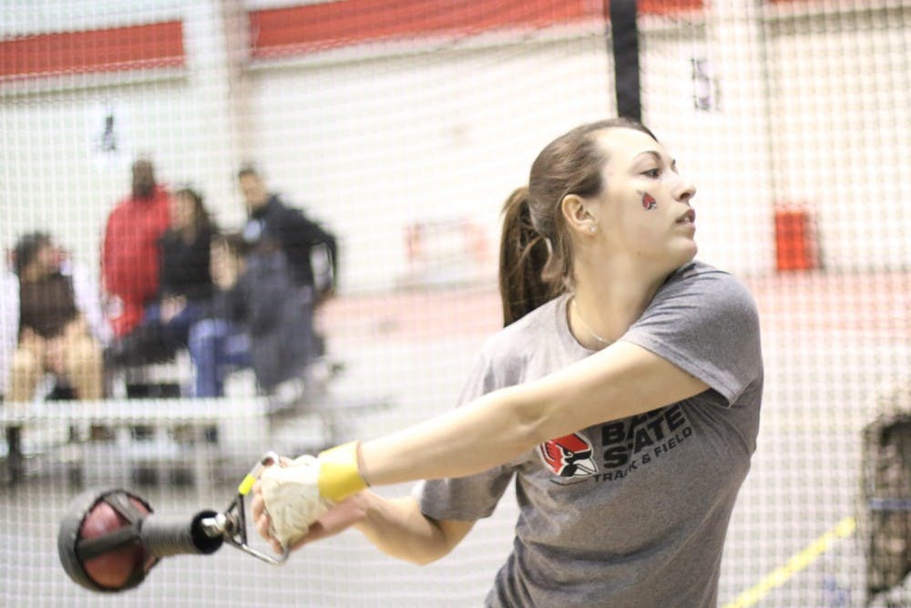 Senior thrower Marie Lumpkin started her season with a record-breaking 18.55m weight throw. She broke broke the record by .07m.&nbsp;PHOTO PROVIDED BY BRAD CAUDILL