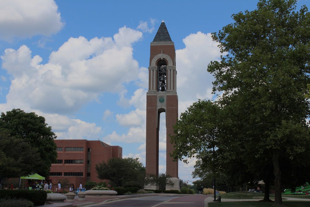 McKinley Avenue on Ball State University's campus is home to Shafer Tower, photo taken August 18, 2022. Shafer Tower was completed in 2001. (Michaela Ayeh/DN)