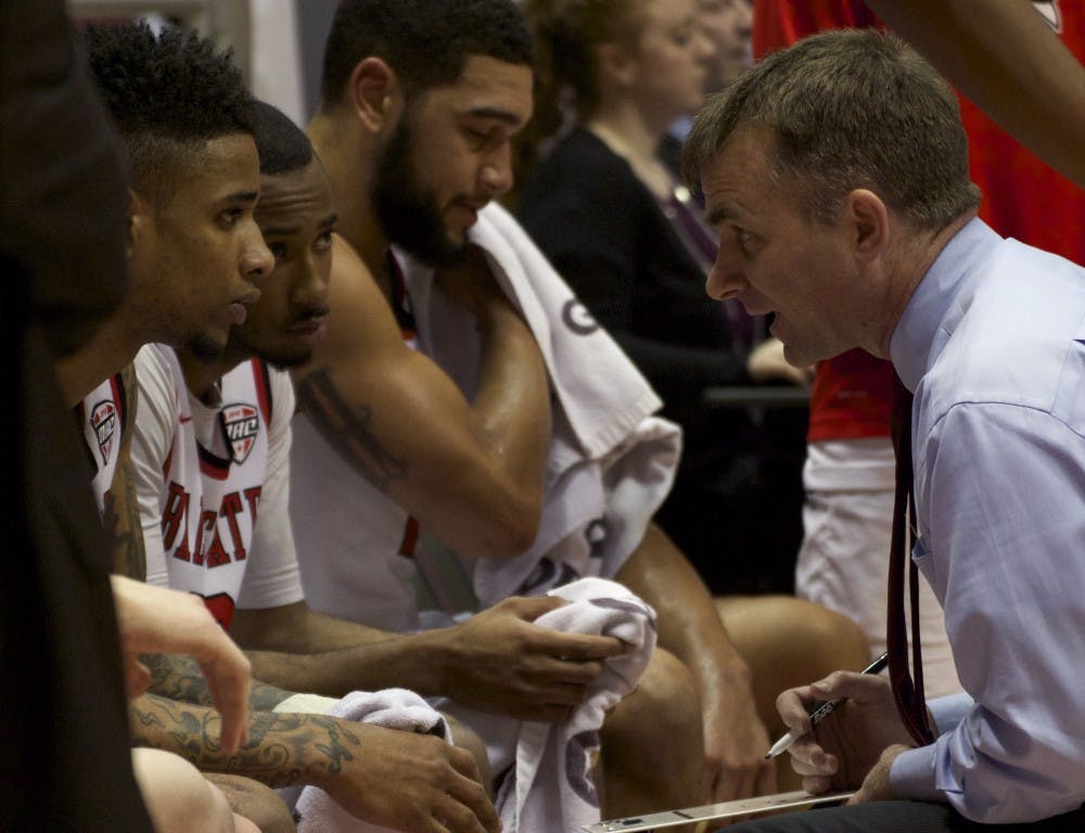 James Whitford, the head of the Ball State men’s basketball team, coaches from the sidelines in the game against Eastern Michigan in Worthen Arena on Feb. 27. The Cardinals beat their record of highest number of points since 1989, scoring 115 to 79. DN PHOTO GRACE RAMEY
