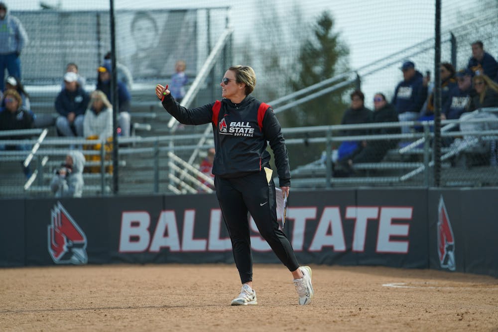 Head Coach Lacy Schurr directs her team in a game against Toledo April 7 at First Merchant Ballpark Complex. Schurr is in her third year coaching at Ball State. Brayden Goins, DN