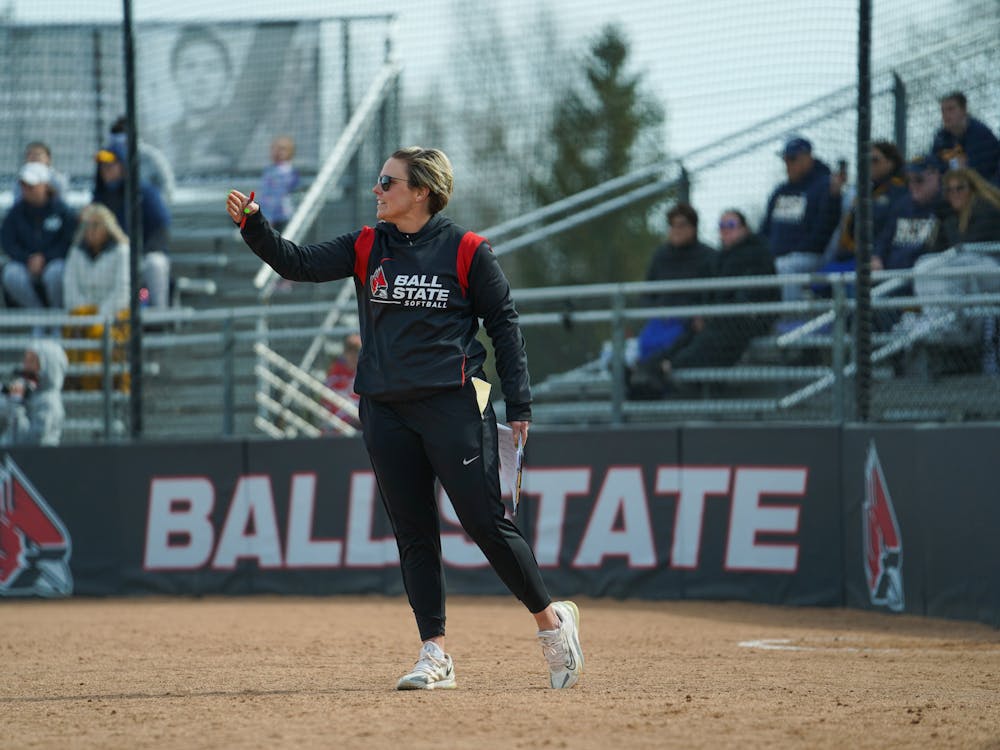Head Coach Lacy Schurr directs her team in a game against Toledo April 7 at First Merchant Ballpark Complex. Schurr is in her third year coaching at Ball State. Brayden Goins, DN