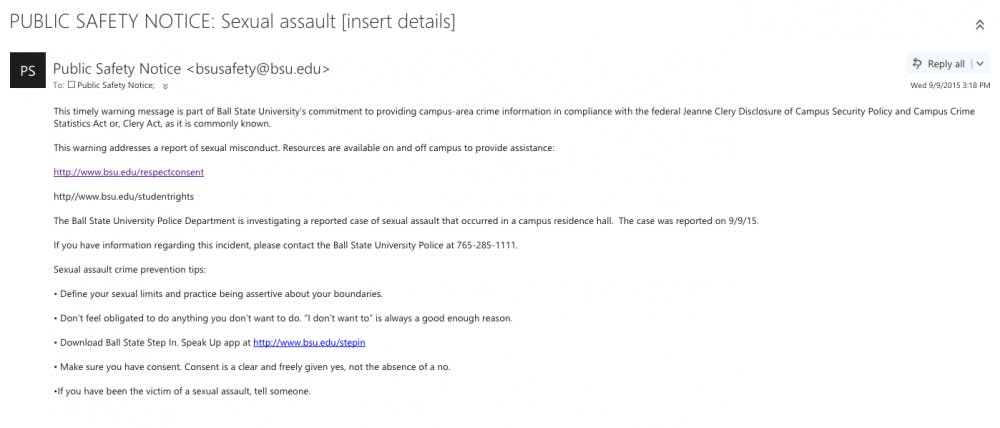 The university sent out a Public Safety Advisory email to students Sept. 9 to warn them of a sexual assault that occurred in a residence hall. PHOTO COURTESY OF BALL STATE