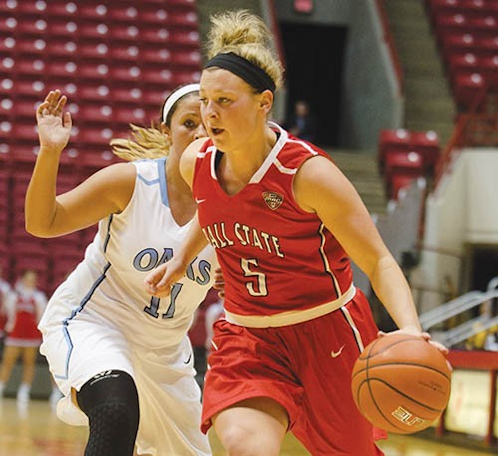 Freshman guard Jill Morrison dribbles the ball past an Oakland City defender Oct. 30 at Worthen Arena. Morrison placed six three-pointers in two games during the South Point Shootout in Las Vegas over the weekend. DN FILE PHOTO BREANNA DAUGHERTY