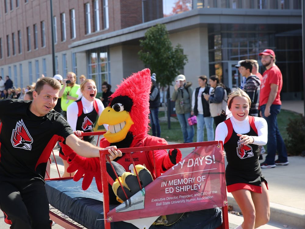 The Ball State Cheerleading team, with Charlie Cardinal, competes at the Bed Races Oct. 21, 2022. Grayson Joslin, DN