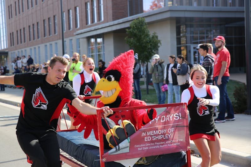 The Ball State Cheerleading team, with Charlie Cardinal, competes at the Bed Races Oct. 21, 2022. Grayson Joslin, DN