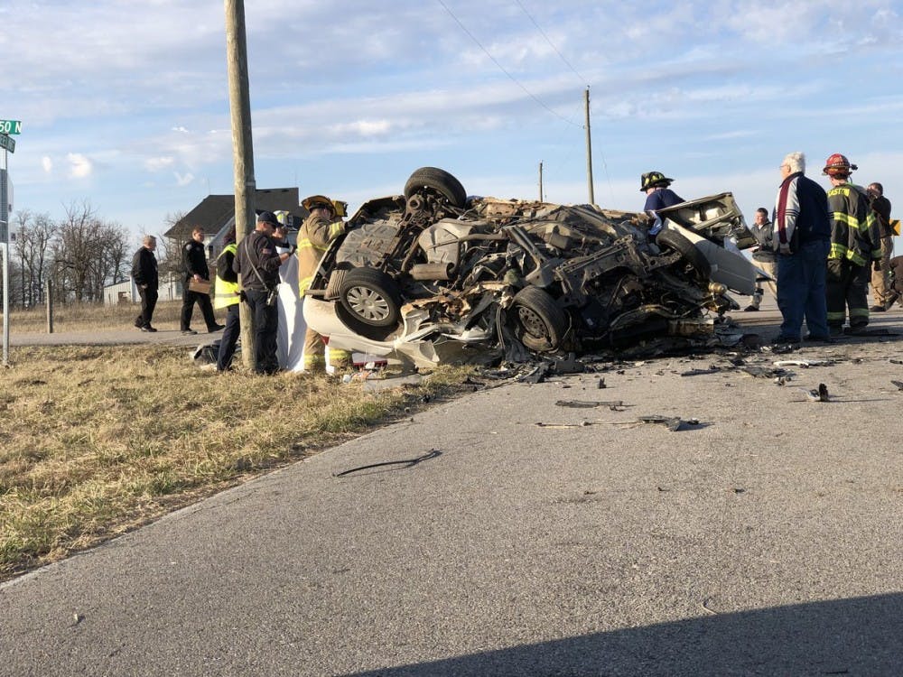 <p>Two people are dead and three people are in the hospital as a result of a crash at W 950 N Road and North Wheeling Avenue around 3:30 p.m. Feb. 27. <strong>Andrew Smith, DN Photo</strong></p>