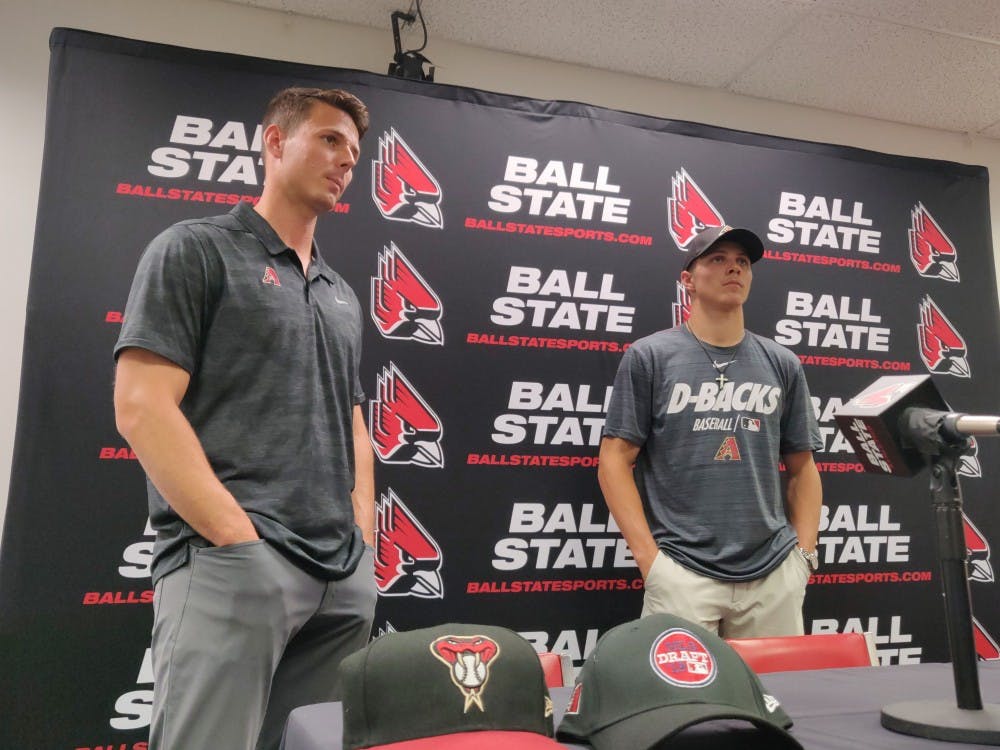 Jeremy Kehrt, Arizona Diamondbacks recruiter, and Drey Jameson, sophomore outfielder and pitcher, converse after a press conference June 7, 2019, at Worthen Arena. Jameson is the eighth first-round draft pick in Ball State Baseball's history. Rohith Rao, DN
