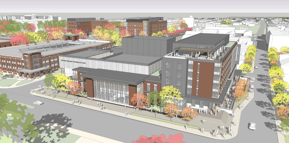 A digital rendering of Ball State University's Performing Arts Center (PAC) and hotel. The PAC is predicted to be completed in summer 2026 with an anticipated cost of $60 million. Ball State University, Rendering Provided