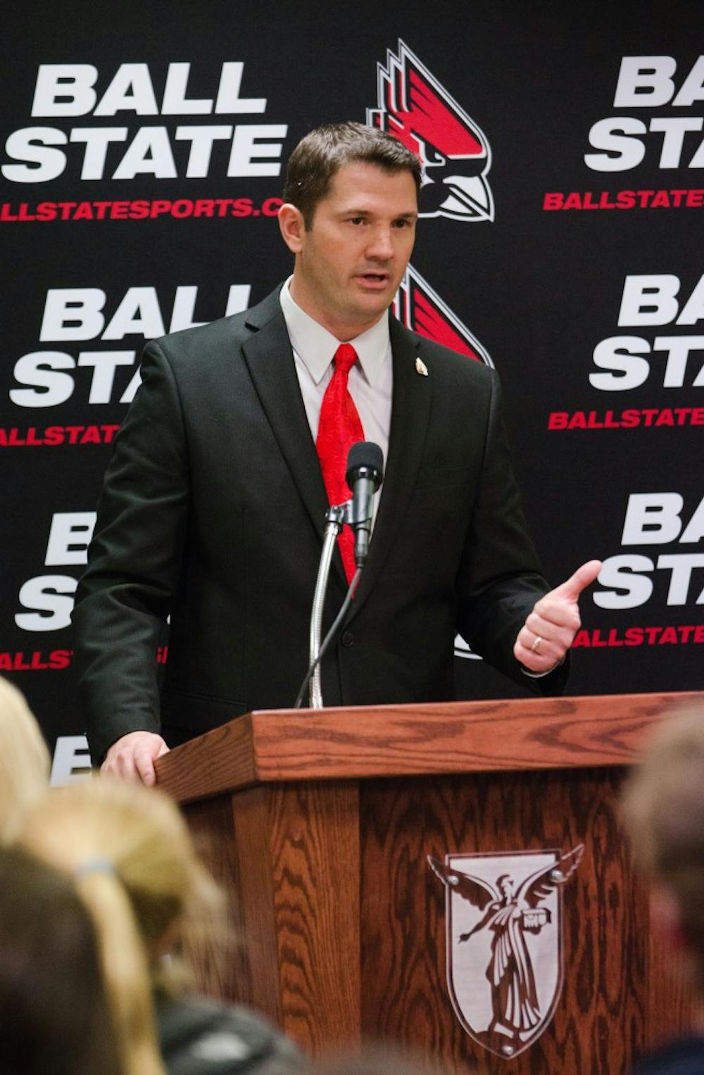 Ball State head football coach Mike Neu speaking at his introductory press conference on Jan. 07. DN PHOTO BY BRE DAUGHERTY