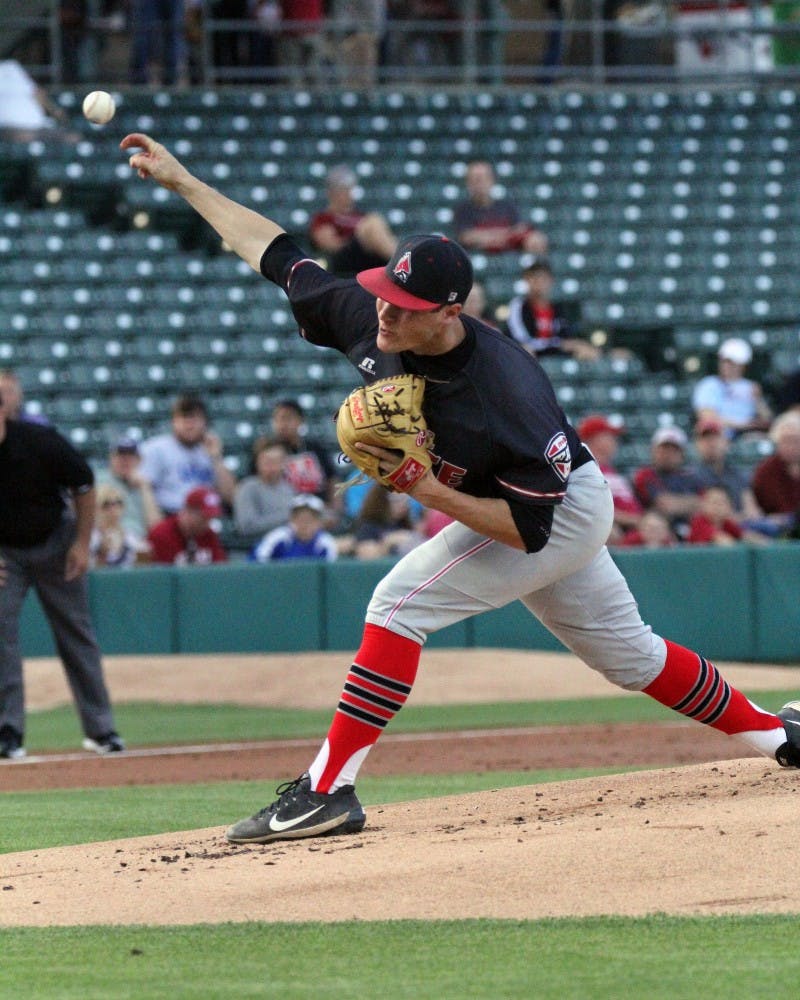 Junior Colin Brockhouse pitches during the Cardinals’ game against Indiana University on April 25 at Victory Field. Brockhouse was the starting pitcher for Ball State. Paige Grider // DN