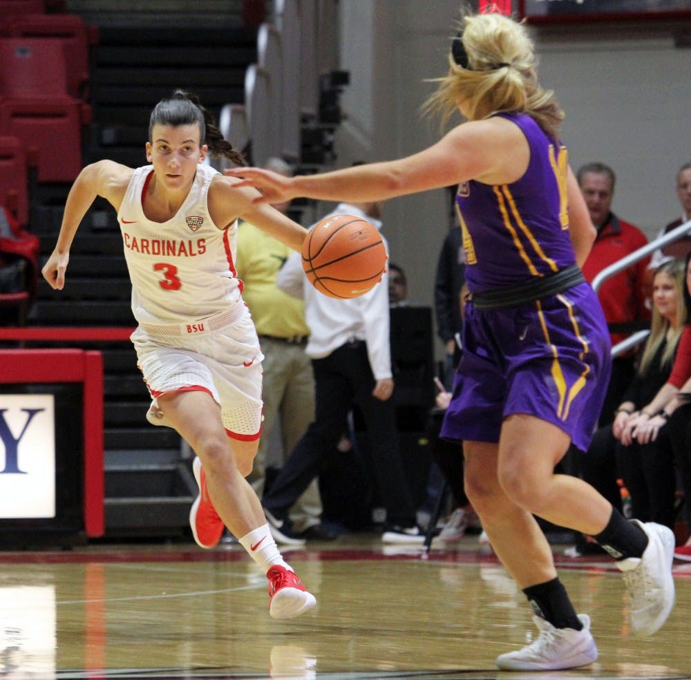 Junior guard Carmen Grande brings the ball down the court during the Cardinals’ game against Lipscomb on Nov. 15 in John E. Worthen Arena. Grande scored 16 points. Paige Grider, DN