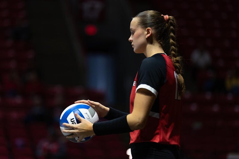 Freshman Defensive Specialist Sophie Ledbetter prepares to serve the ball against Bowling Green on Sep 28 at Worthen Arena. The Cardinals are now 7-6 this season. Titus Slaughter, DN.