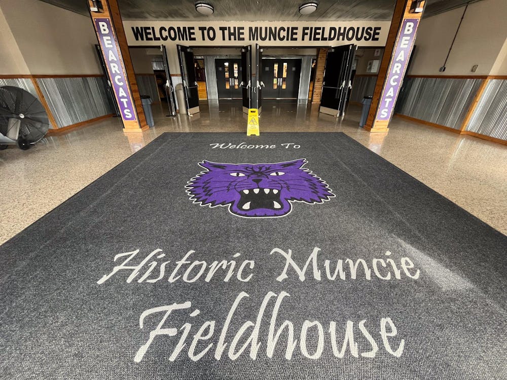 The south entrance to the Muncie Fieldhouse pays homage to the history of the venue, as pictured Sunday, April 7. The Muncie Fieldhouse held its first game in 1928. Kyle Smedley, DN