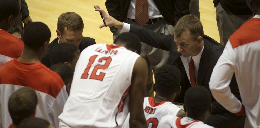Ball State head coach James Whitford talks to his team in the final minutes of play Nov. 4 at Worthen Arena. DN PHOTO MARCEY BURTON