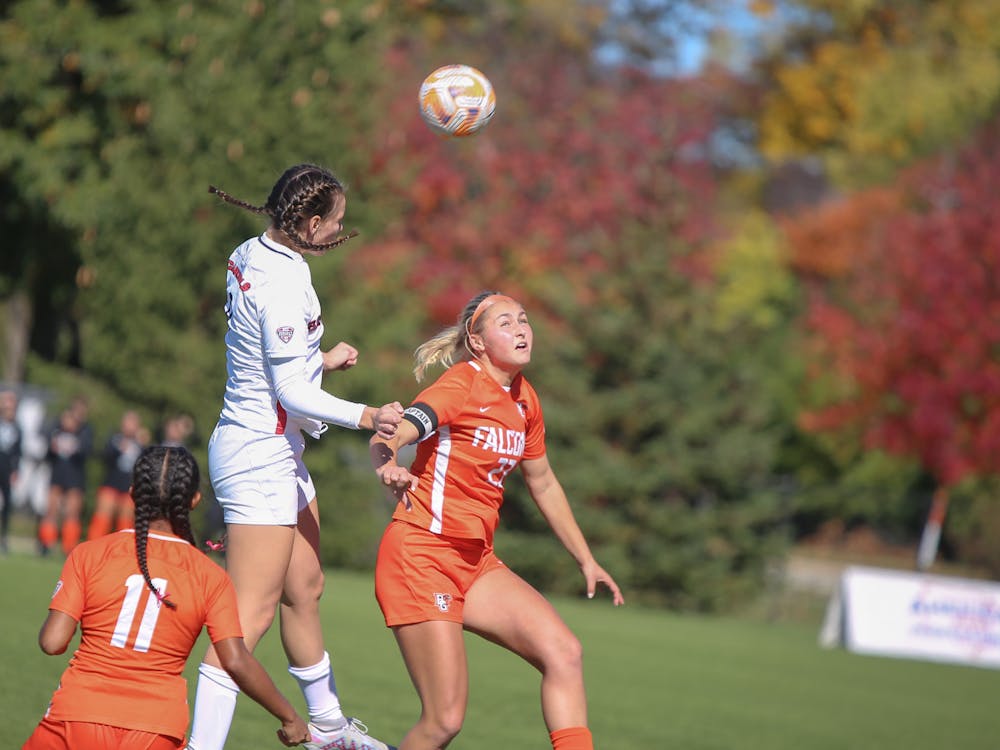 Sophomore forward Emily Roper hits a head ball from a punt kick in a game against Bowling Green Oct. 22 at Briner Sports Complex. Roper was responsible for Ball States one goal against the falcons. Andrew Berger, DN