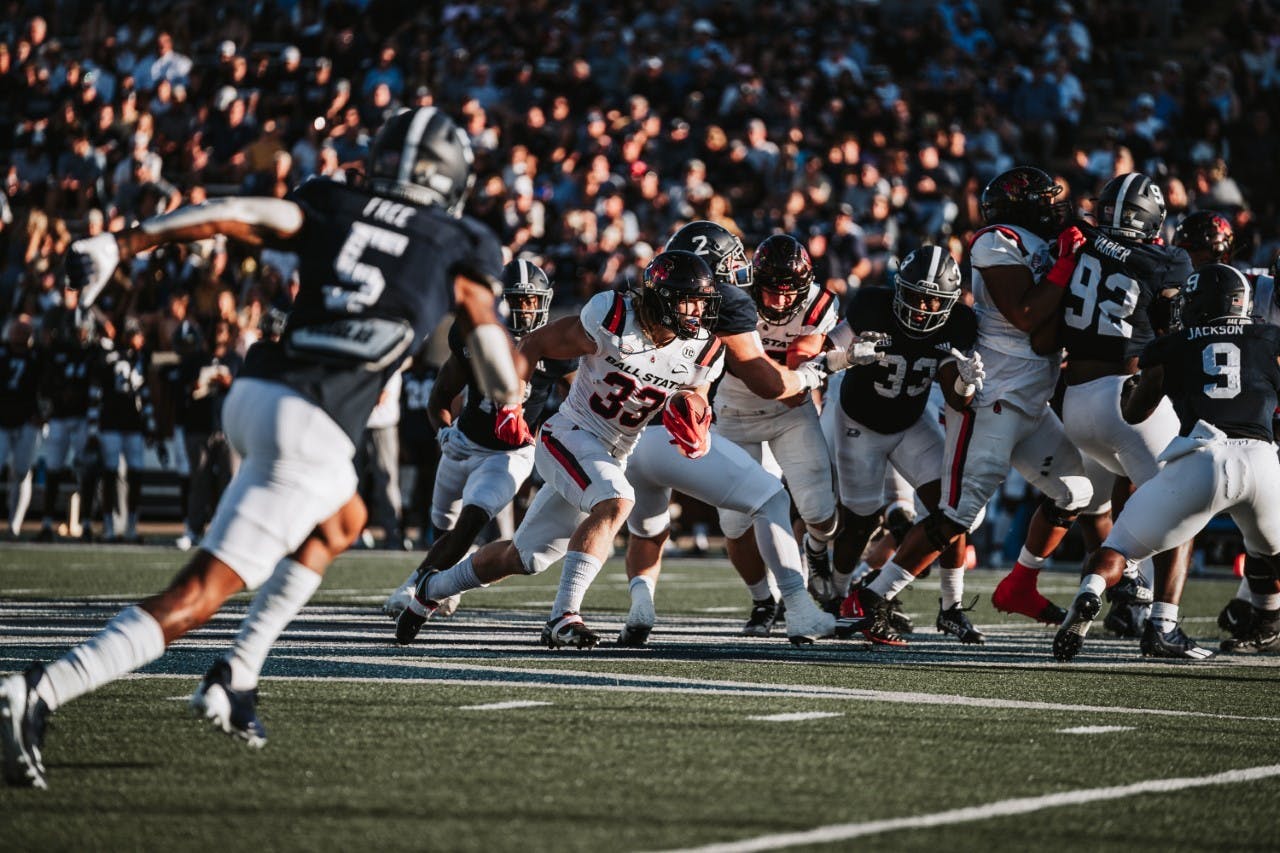 Sophomore running back Carson Steele rushes through a gap against Georgia Southern Sept. 24. Steele had 119 rushing yards on 23 attempts as the Cardinals fell to the Eagles 34-23. Ball State Athletics, Photo Provided