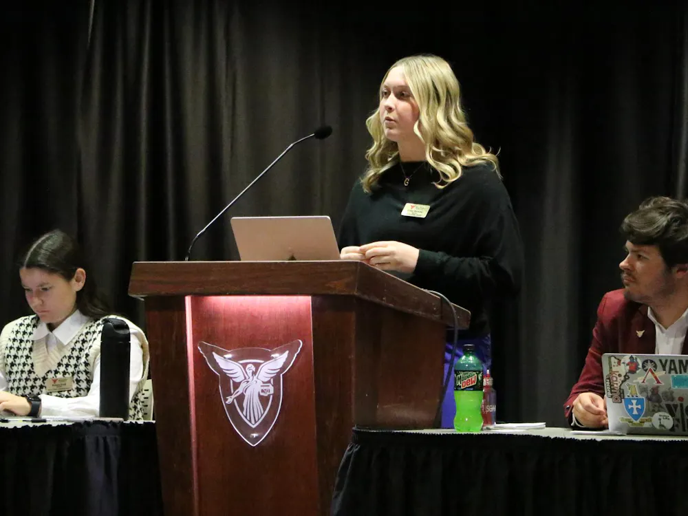 Gracie Rerucha, a second-year psychology major at Ball State, presenting her three points if she were to be elected President Pro Tempore at the university's student government association (SGA) meeting March 18 inside Ball State's L.A. Pittenger Student Center, Cardinal Hall B. Landon Jones, DN.