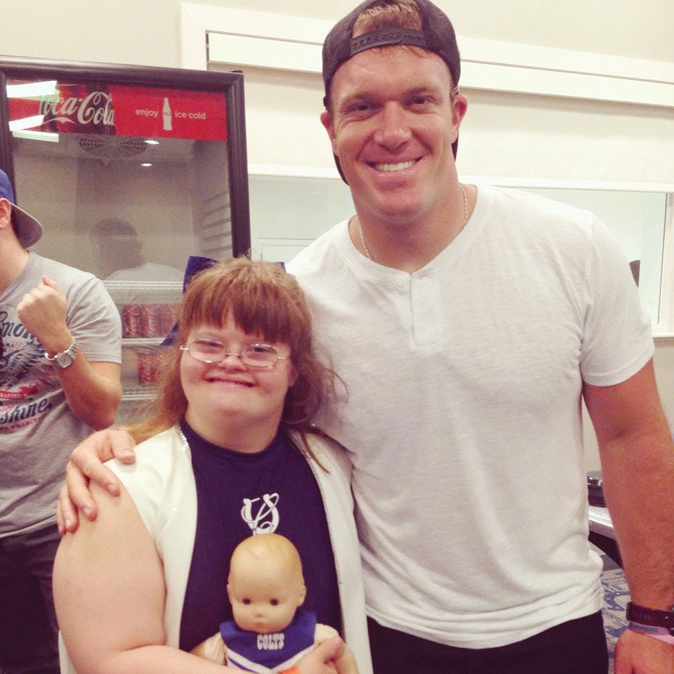 Mickey Deputy is one of the Riley kids Indianapolis Colts long snapper Matt Overton has made a connection with. Mickey is a junior cheerleader for the Colts, and has also met head coach Chuck Pagano. She is in remission for leukemia and was born with Down Syndrome and three holes in her heart. PHOTO COURTESY OF MATT OVERTON