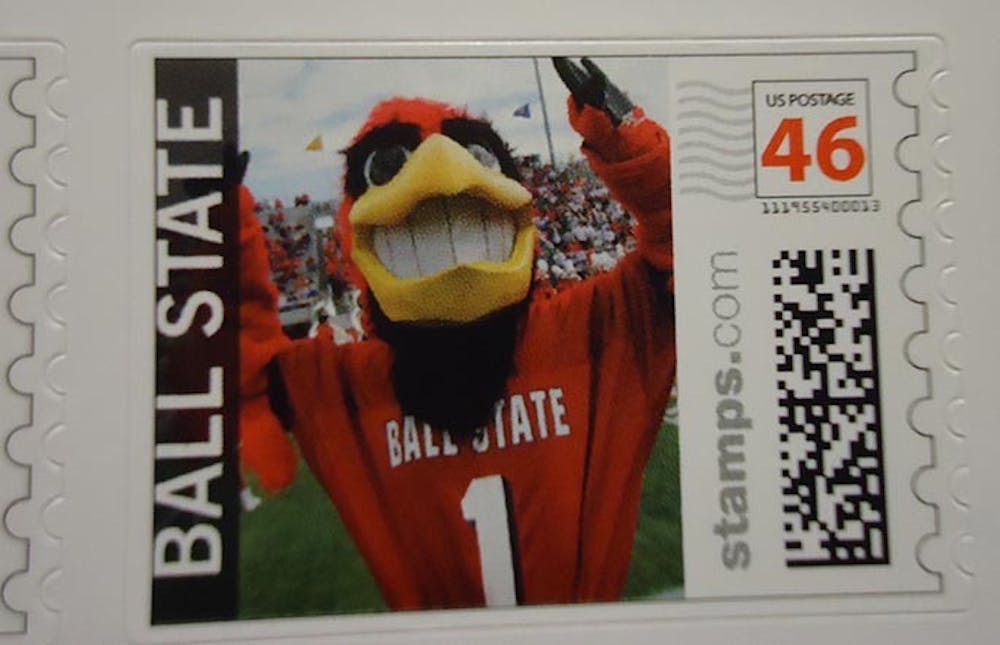 Stamps featuring the Ball State mascot, Charlie Cardinal, are available for 99 cents in the post office of the L.A. Pittenger Student Center. DN PHOTO: SARA NAHRWOLD