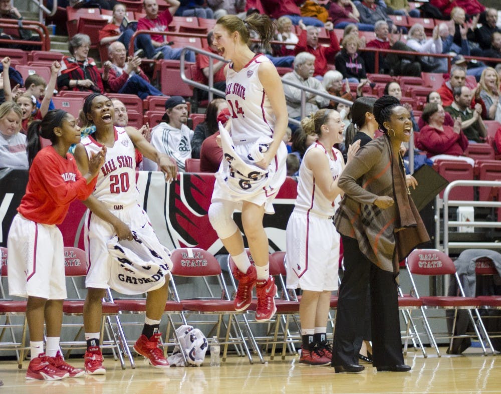 Members of the women's basketball celebrate a call by the referees during the game against Ohio on Jan. 24 at Worthen Arena. DN PHOTO BREANNA DAUGHERTY