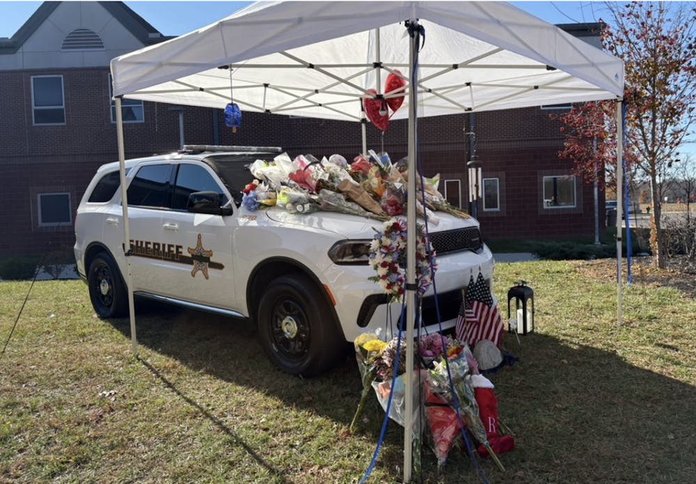 The memorial outside of the Delaware County Justice and Rehabilitation Center in honor of Corporal Blake Reynolds, who died on Nov. 12 on I-69.