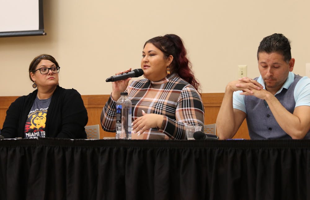 <p>Carolina Castoreno of the Lipan Apache Tribe of Texas speaks on her experiences of being Indigenous in Indiana, while co-panelists Molly McGuire of the Miami Tribe of Oklahoma and Larkin Fourkiller of the Eastern Band of Cherokee Indians watch in L.A. Pittenger Student Center Nov. 1, 2022. The three panelists were invited to speak by the Honors College Diversity Project and the Student Antiracism and Intersectionality Advisory Council as a part of the Honors Inclusive Excellence Program. <strong>Hannah Amos, DN</strong></p>