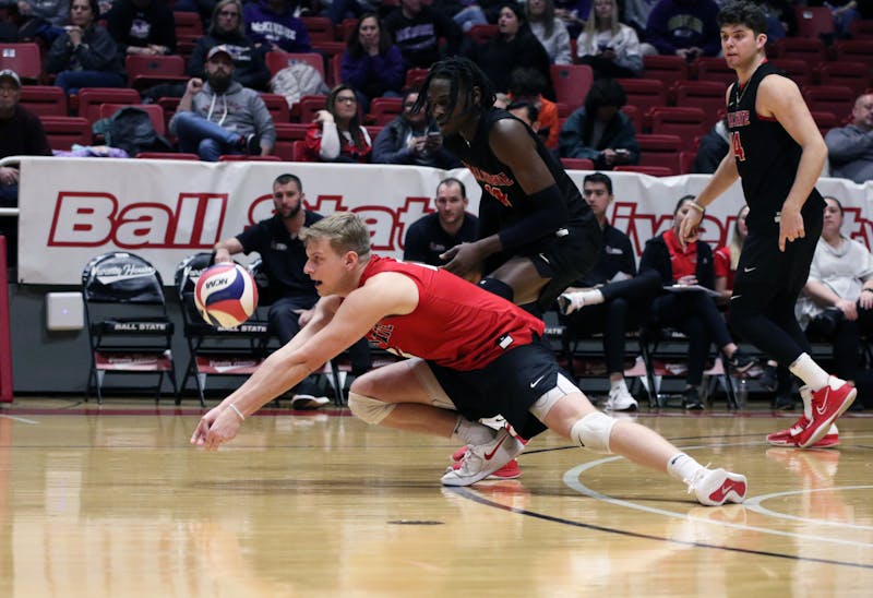 Third-year libero Lukas Pytlak hits the ball in a game against McKendree Feb. 11 at Worthen Arena. Mya Cataline, DN