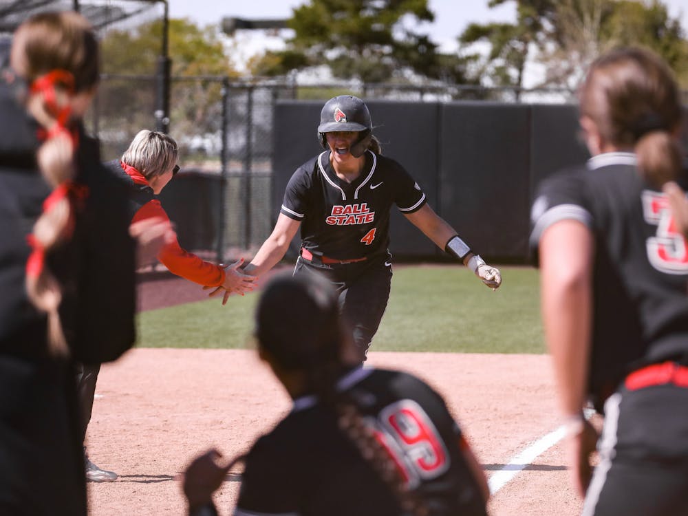 Redshirt sophomore McKayla Timmons scores after a homerun in a game against Miami on April 26 at the Softball Field at First Merchants Ballpark Complex. Timmons scored two runs, one homerun, and had three RBI's. Katelyn Howell, DN
