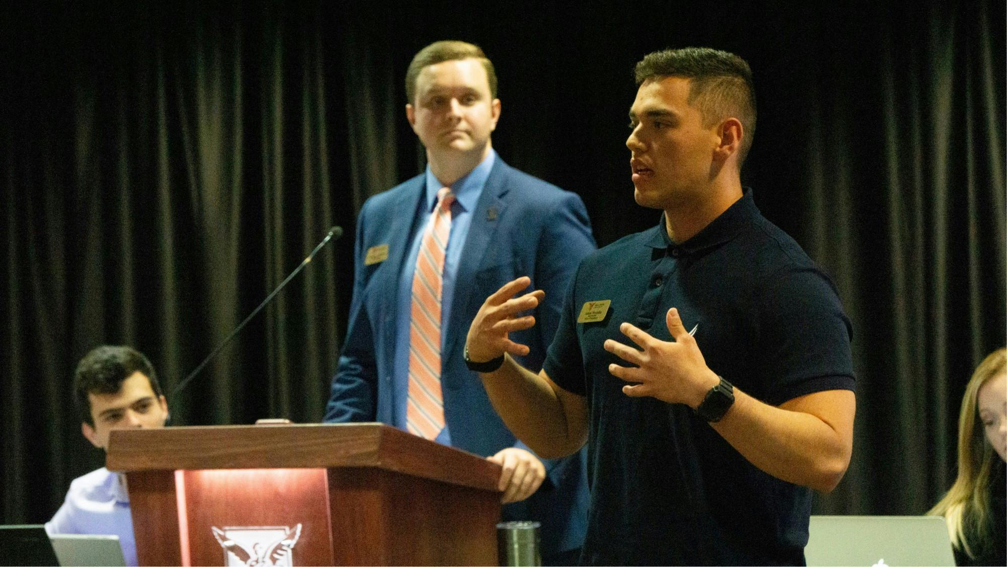 Student Government Association President Aiden Medellin delivers the State of the Senate speech Nov. 6, 2019, at the L.A. Pittenger Student Center. Medellin said there was no official contact between SGA and the Black Student Association regarding the potential of holding a town hall event about the Jan. 21, 2020, classroom incident. John Lynch, DN