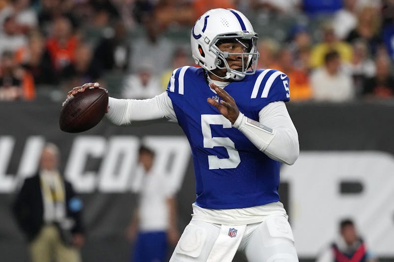 CINCINNATI, OHIO - AUGUST 22: Quarterback Anthony Richardson #5 of the Indianapolis Colts looks to pass the ball during the first quarter of the preseason game against the Cincinnati Bengals at Paycor Stadium on August 22, 2024 in Cincinnati, Ohio.  (Photo by Jason Mowry/Getty Images)