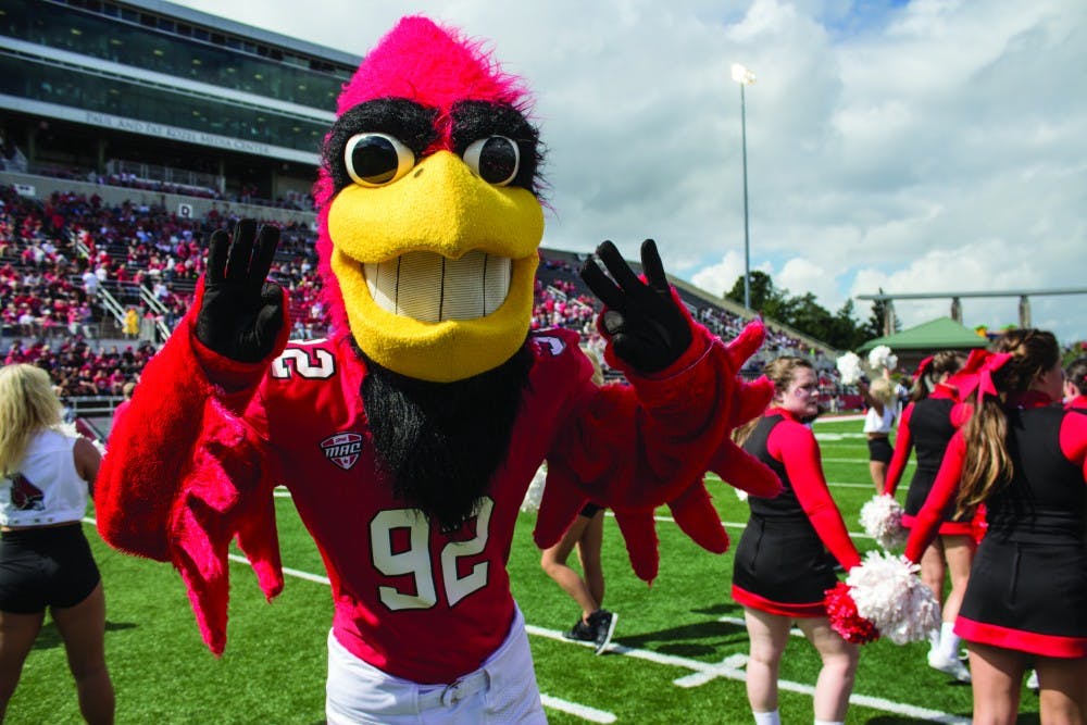Charlie Cardinal celebrates at Scheumann Stadium on at the Homecoming game. This years homecoming game will take place on Oct. 21 against Central Michigan