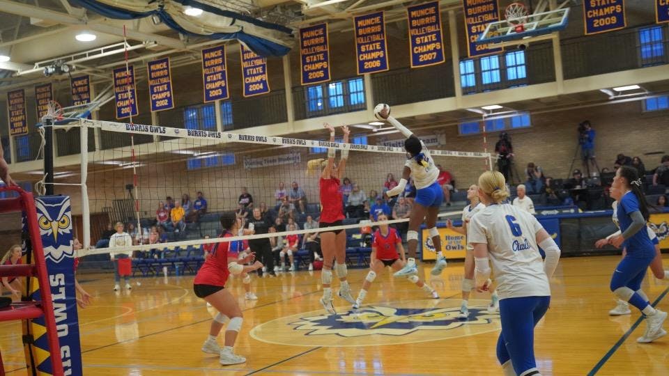 Junior JaMaria Jackson elevates to spike the ball into Southern Wells territory. The kill helped lead Burris to a straight sets sweep of the Raiders. PHOTO BY BRODRICK GOOD