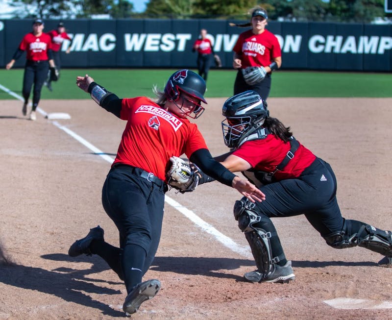 Ball State softball player slides into home plate Oct. 5, 2019, at First Merchants Ballpark. Jacob Musselman, DN