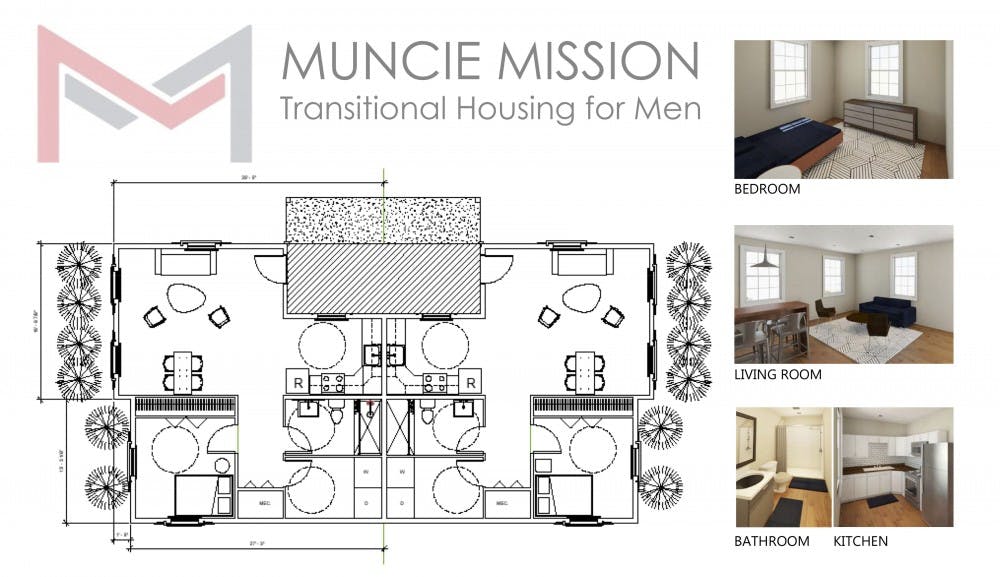 <p>Ball State students in the Rehabilitating Houses immersive class for construction management, architecture and interior design are working with Muncie Mission to design transitional housing for men graduating from living at the mission to living on their own. The plans presented to the Muncie Mission Board of Directors were approved. <strong>Janet Fick, Photo Provided</strong></p>
